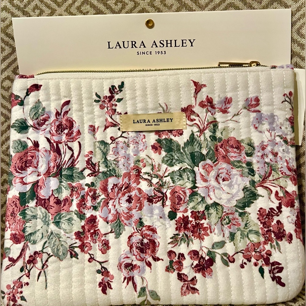 NEW Laura Ashley Pink Floral Cosmetic Pouch with Gold Zipper. 10" x 8".